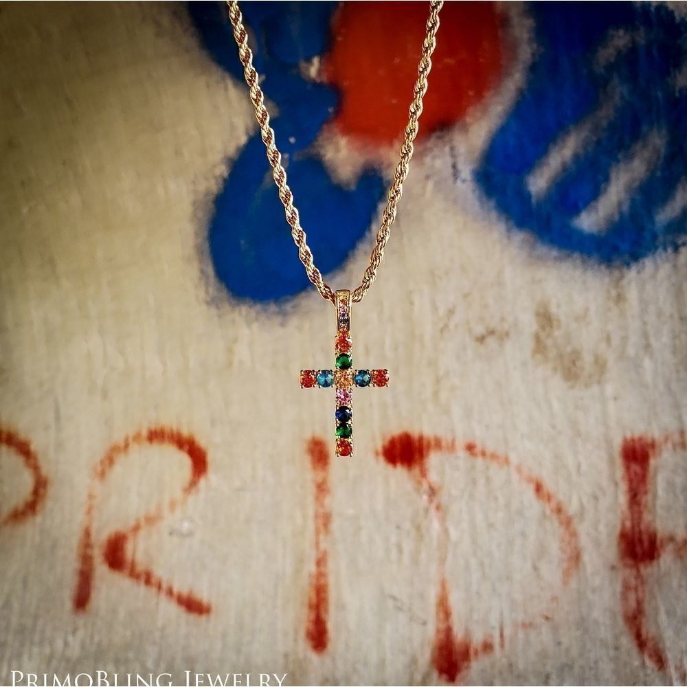 Multicolored Simulated Diamond Cross Necklace - Picture 4 of 4